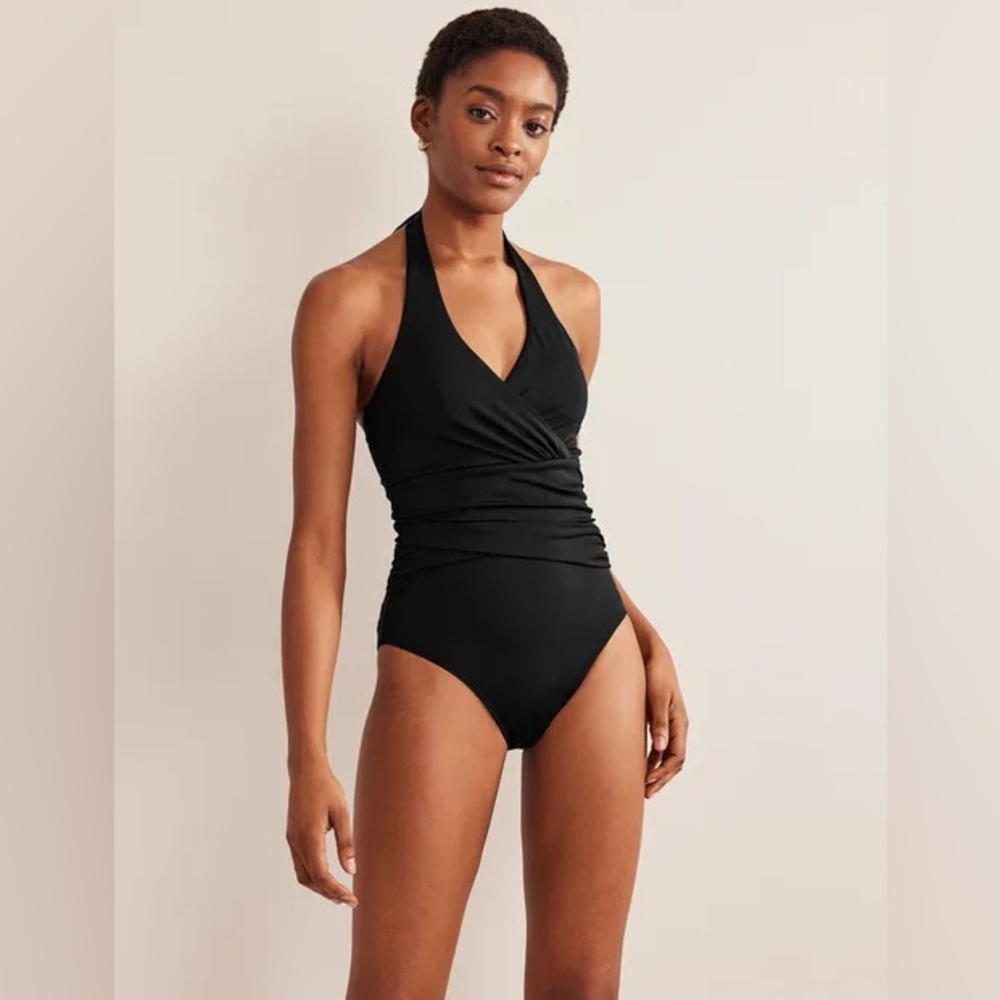 NWT Boden Levanzo Ruched Halter Swimsuit black . Sz 2R